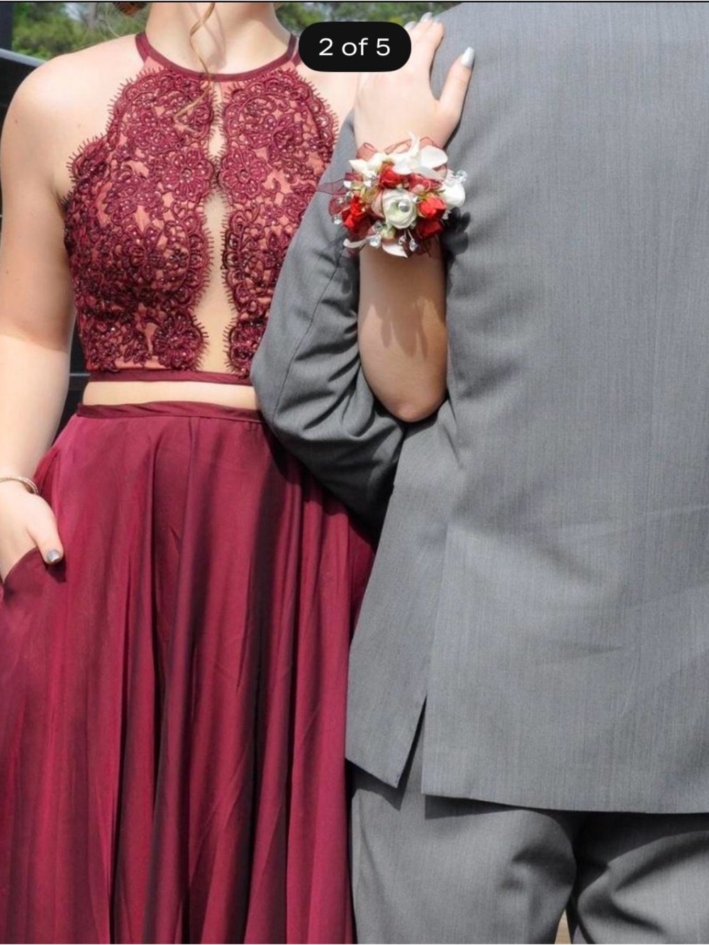 Open-Back Strappy Burgundy Two-Piece Evening Dress